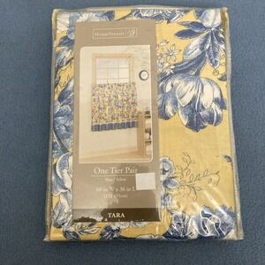 Home Trends Tara Yellow w/Blue Floral Pattern & Blue Stripe Bottom One Tier Pair